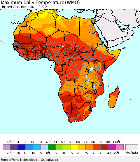 Africa Maximum Daily Temperature (WMO) Thematic Map For 1/1/2024 - 1/7/2024