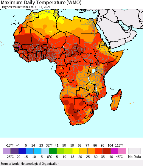 Africa Maximum Daily Temperature (WMO) Thematic Map For 1/8/2024 - 1/14/2024