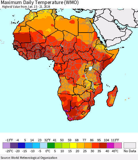 Africa Maximum Daily Temperature (WMO) Thematic Map For 1/15/2024 - 1/21/2024