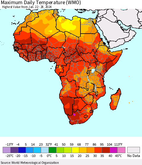 Africa Maximum Daily Temperature (WMO) Thematic Map For 1/22/2024 - 1/28/2024