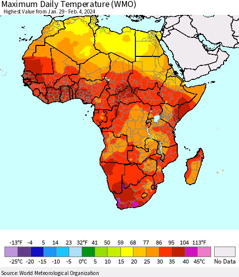 Africa Maximum Daily Temperature (WMO) Thematic Map For 1/29/2024 - 2/4/2024
