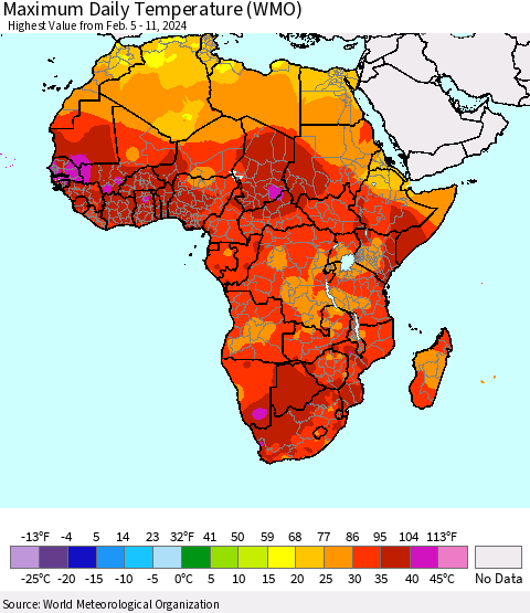 Africa Maximum Daily Temperature (WMO) Thematic Map For 2/5/2024 - 2/11/2024