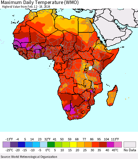 Africa Maximum Daily Temperature (WMO) Thematic Map For 2/12/2024 - 2/18/2024