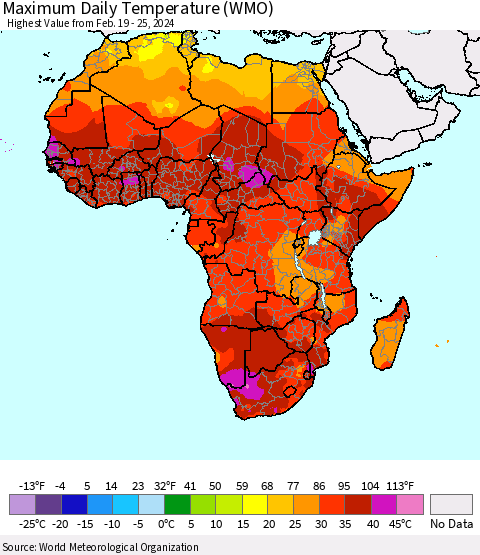 Africa Maximum Daily Temperature (WMO) Thematic Map For 2/19/2024 - 2/25/2024
