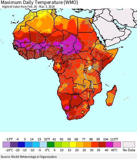 Africa Maximum Daily Temperature (WMO) Thematic Map For 2/26/2024 - 3/3/2024