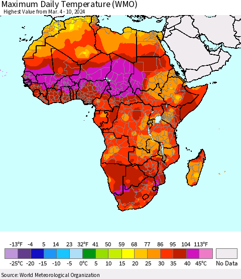 Africa Maximum Daily Temperature (WMO) Thematic Map For 3/4/2024 - 3/10/2024