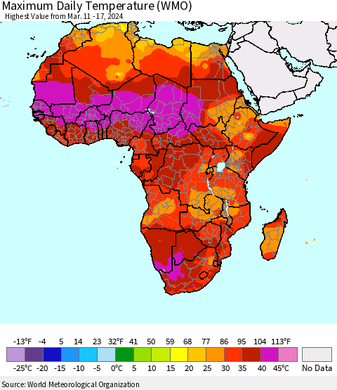 Africa Maximum Daily Temperature (WMO) Thematic Map For 3/11/2024 - 3/17/2024