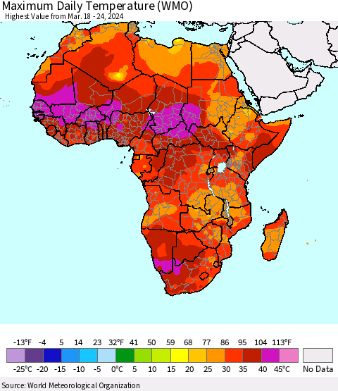 Africa Maximum Daily Temperature (WMO) Thematic Map For 3/18/2024 - 3/24/2024
