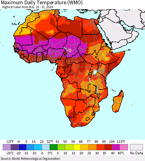 Africa Maximum Daily Temperature (WMO) Thematic Map For 3/25/2024 - 3/31/2024