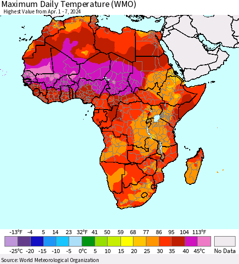 Africa Maximum Daily Temperature (WMO) Thematic Map For 4/1/2024 - 4/7/2024
