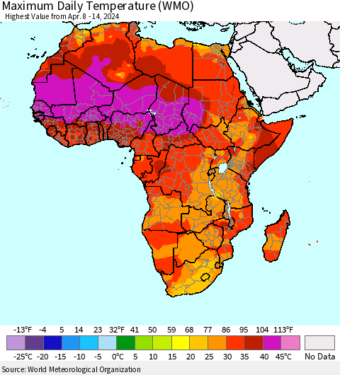 Africa Maximum Daily Temperature (WMO) Thematic Map For 4/8/2024 - 4/14/2024
