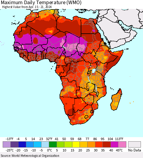 Africa Maximum Daily Temperature (WMO) Thematic Map For 4/15/2024 - 4/21/2024