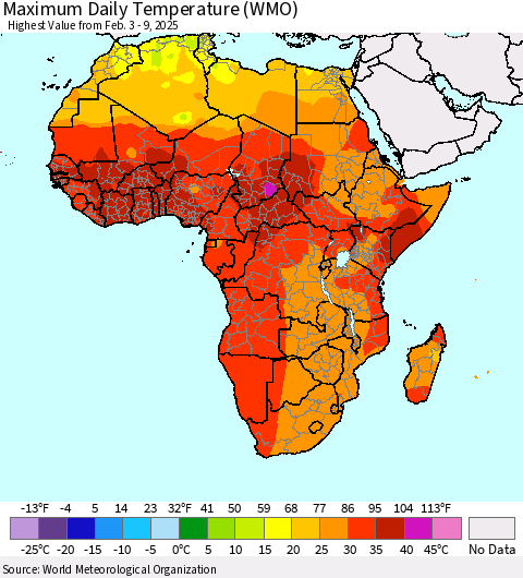 Africa Maximum Daily Temperature (WMO) Thematic Map For 2/3/2025 - 2/9/2025