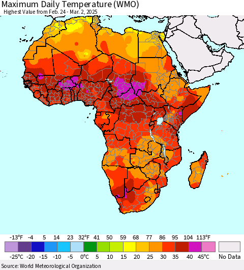 Africa Maximum Daily Temperature (WMO) Thematic Map For 2/24/2025 - 3/2/2025