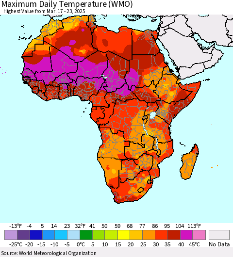 Africa Maximum Daily Temperature (WMO) Thematic Map For 3/17/2025 - 3/23/2025