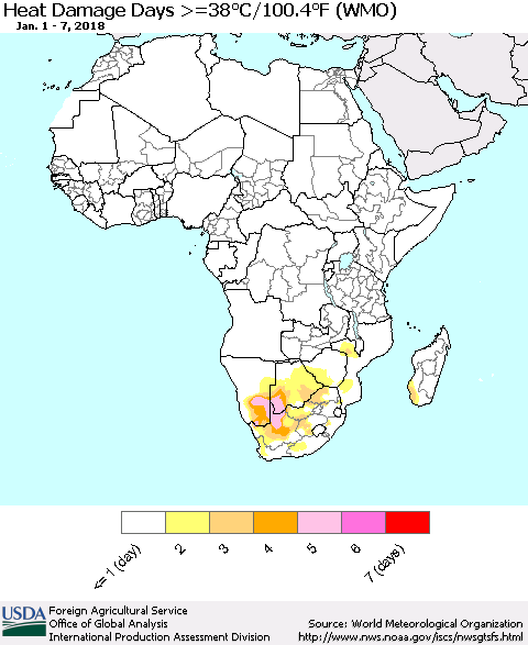 Africa Heat Damage Days >=38°C/100°F (WMO) Thematic Map For 1/1/2018 - 1/7/2018
