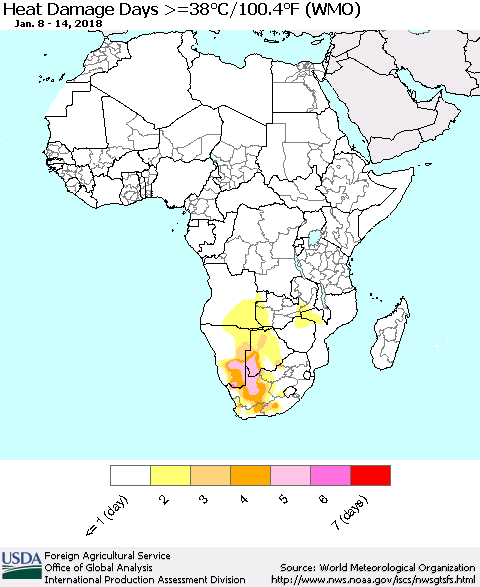 Africa Heat Damage Days >=38°C/100°F (WMO) Thematic Map For 1/8/2018 - 1/14/2018