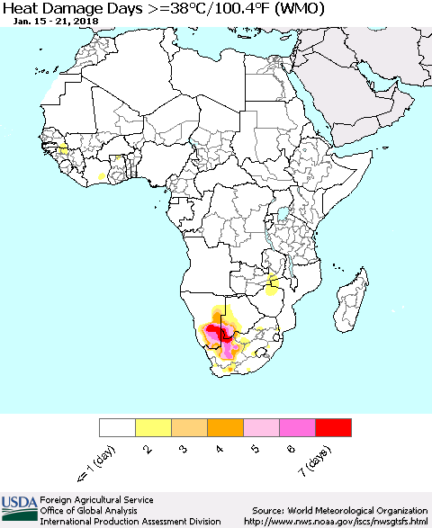 Africa Heat Damage Days >=38°C/100°F (WMO) Thematic Map For 1/15/2018 - 1/21/2018