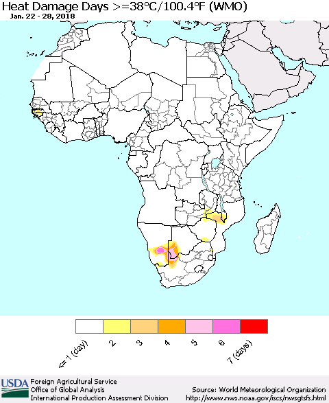 Africa Heat Damage Days >=38°C/100°F (WMO) Thematic Map For 1/22/2018 - 1/28/2018