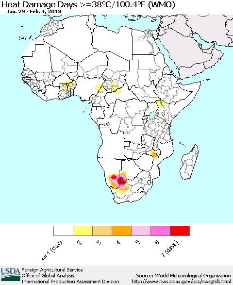 Africa Heat Damage Days >=38°C/100°F (WMO) Thematic Map For 1/29/2018 - 2/4/2018