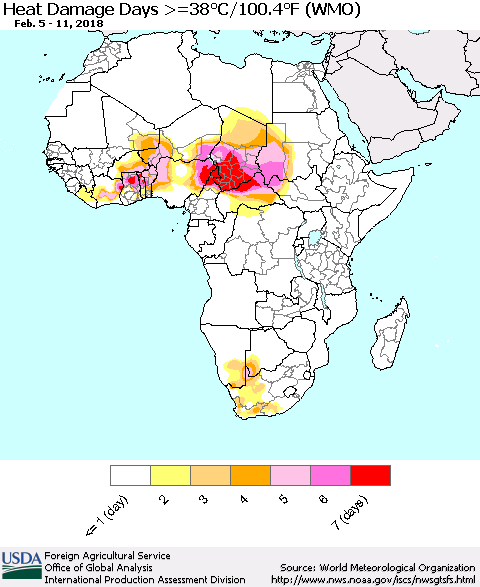 Africa Heat Damage Days >=38°C/100°F (WMO) Thematic Map For 2/5/2018 - 2/11/2018