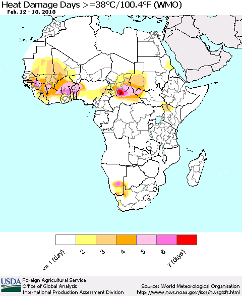 Africa Heat Damage Days >=38°C/100°F (WMO) Thematic Map For 2/12/2018 - 2/18/2018