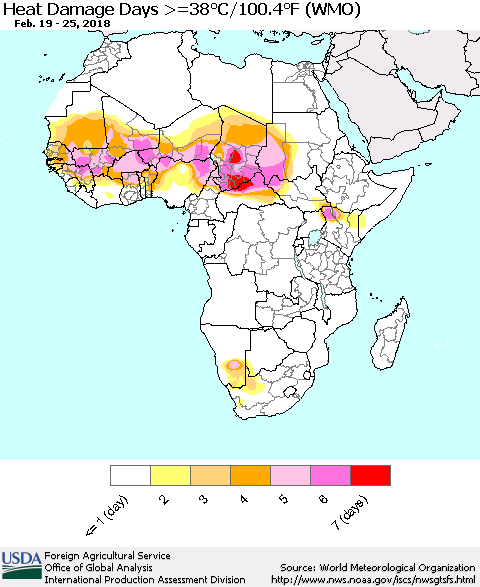 Africa Heat Damage Days >=38°C/100°F (WMO) Thematic Map For 2/19/2018 - 2/25/2018