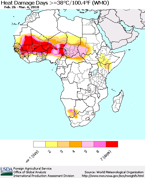 Africa Heat Damage Days >=38°C/100°F (WMO) Thematic Map For 2/26/2018 - 3/4/2018
