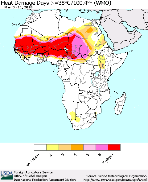 Africa Heat Damage Days >=38°C/100°F (WMO) Thematic Map For 3/5/2018 - 3/11/2018