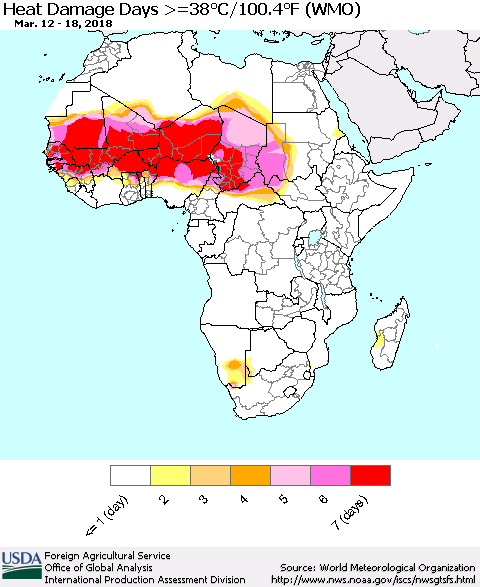 Africa Heat Damage Days >=38°C/100°F (WMO) Thematic Map For 3/12/2018 - 3/18/2018