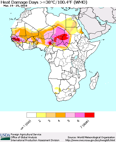 Africa Heat Damage Days >=38°C/100°F (WMO) Thematic Map For 3/19/2018 - 3/25/2018