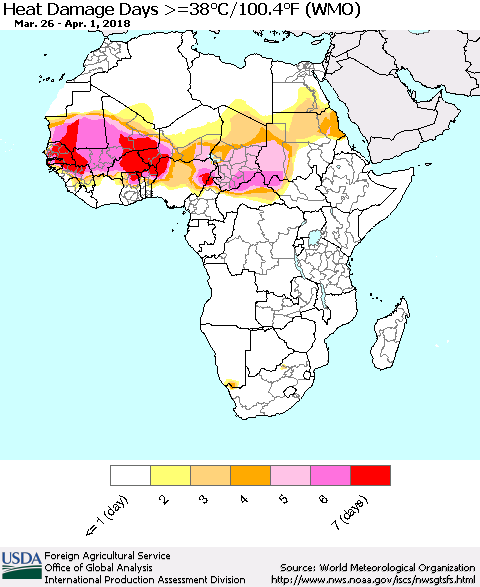 Africa Heat Damage Days >=38°C/100°F (WMO) Thematic Map For 3/26/2018 - 4/1/2018