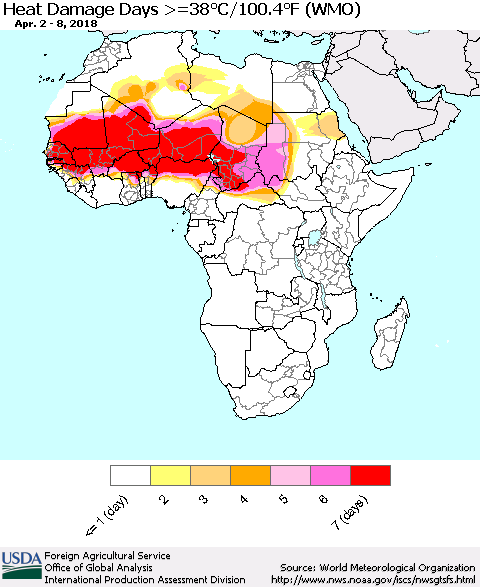 Africa Heat Damage Days >=38°C/100°F (WMO) Thematic Map For 4/2/2018 - 4/8/2018