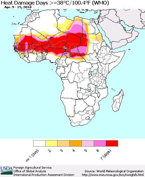Africa Heat Damage Days >=38°C/100°F (WMO) Thematic Map For 4/9/2018 - 4/15/2018