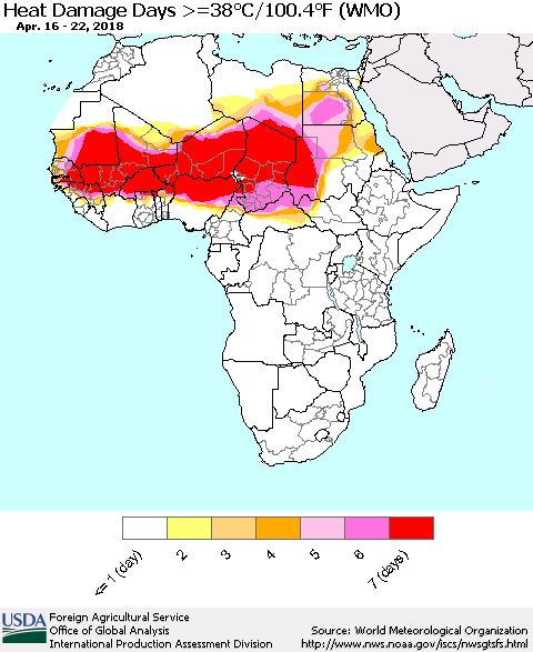 Africa Heat Damage Days >=38°C/100°F (WMO) Thematic Map For 4/16/2018 - 4/22/2018