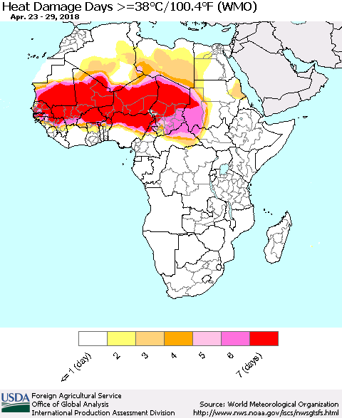 Africa Heat Damage Days >=38°C/100°F (WMO) Thematic Map For 4/23/2018 - 4/29/2018