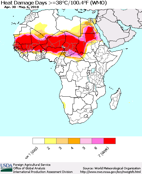 Africa Heat Damage Days >=38°C/100°F (WMO) Thematic Map For 4/30/2018 - 5/6/2018