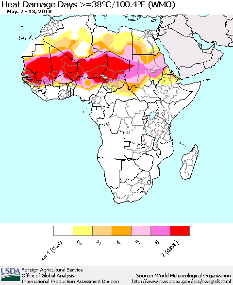 Africa Heat Damage Days >=38°C/100°F (WMO) Thematic Map For 5/7/2018 - 5/13/2018