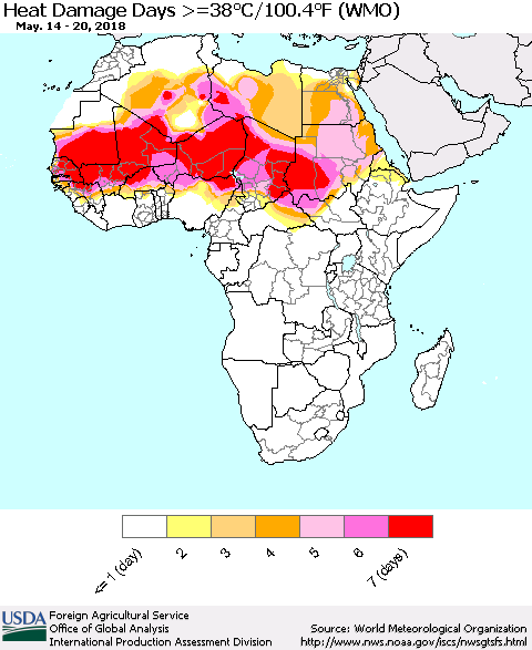 Africa Heat Damage Days >=38°C/100°F (WMO) Thematic Map For 5/14/2018 - 5/20/2018