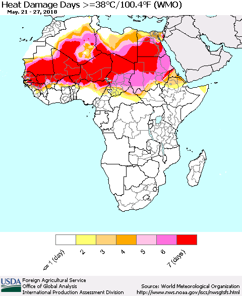 Africa Heat Damage Days >=38°C/100°F (WMO) Thematic Map For 5/21/2018 - 5/27/2018