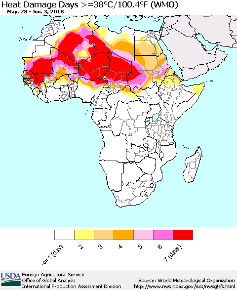Africa Heat Damage Days >=38°C/100°F (WMO) Thematic Map For 5/28/2018 - 6/3/2018