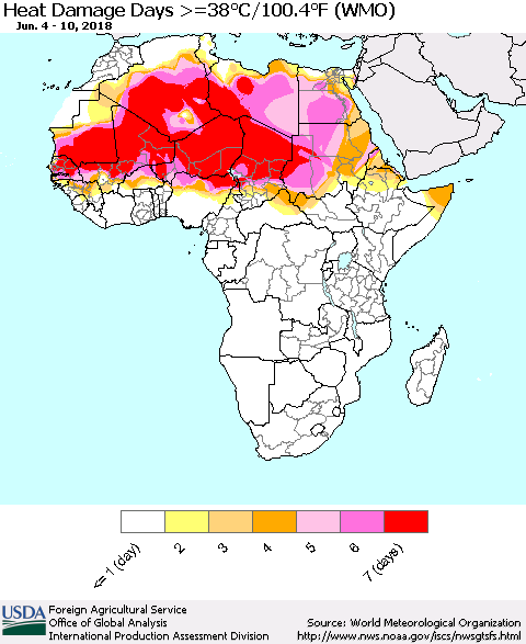 Africa Heat Damage Days >=38°C/100°F (WMO) Thematic Map For 6/4/2018 - 6/10/2018