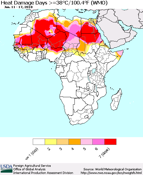Africa Heat Damage Days >=38°C/100°F (WMO) Thematic Map For 6/11/2018 - 6/17/2018