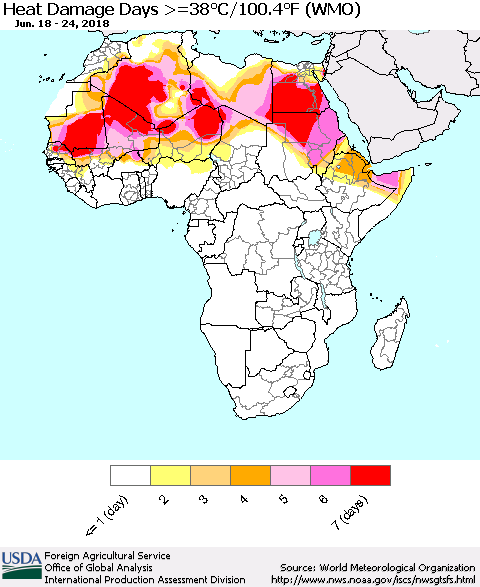 Africa Heat Damage Days >=38°C/100°F (WMO) Thematic Map For 6/18/2018 - 6/24/2018