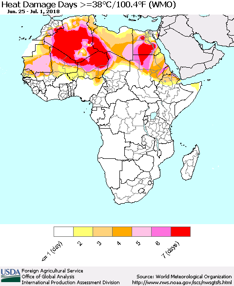 Africa Heat Damage Days >=38°C/100°F (WMO) Thematic Map For 6/25/2018 - 7/1/2018