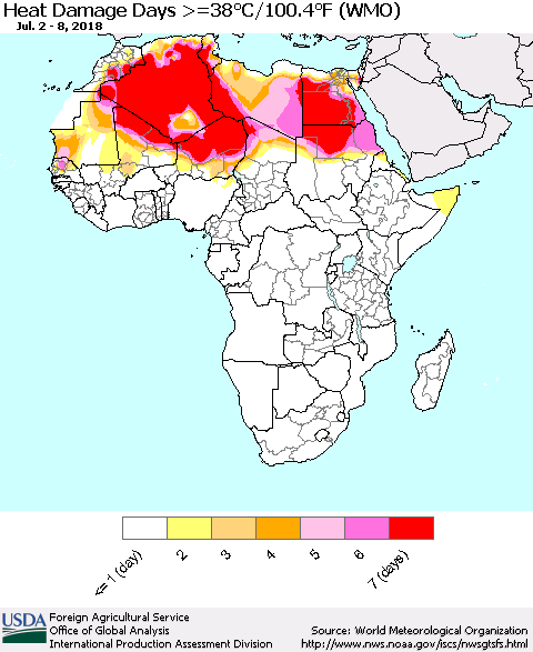 Africa Heat Damage Days >=38°C/100°F (WMO) Thematic Map For 7/2/2018 - 7/8/2018