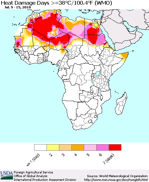 Africa Heat Damage Days >=38°C/100°F (WMO) Thematic Map For 7/9/2018 - 7/15/2018