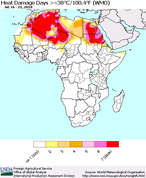 Africa Heat Damage Days >=38°C/100°F (WMO) Thematic Map For 7/16/2018 - 7/22/2018