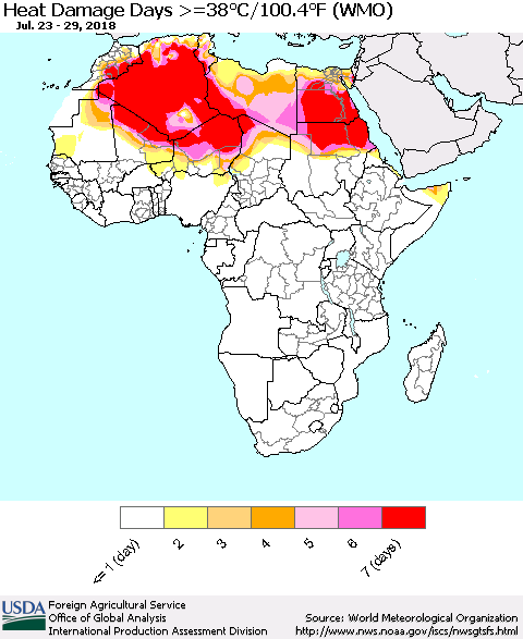 Africa Heat Damage Days >=38°C/100°F (WMO) Thematic Map For 7/23/2018 - 7/29/2018