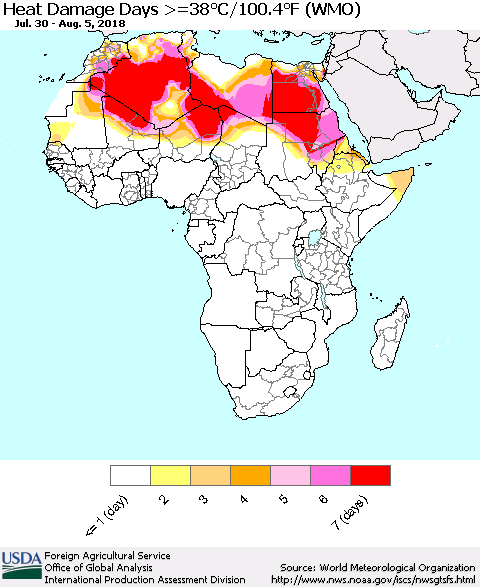 Africa Heat Damage Days >=38°C/100°F (WMO) Thematic Map For 7/30/2018 - 8/5/2018